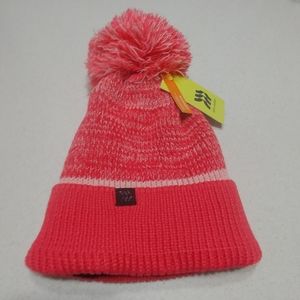 Cotton Candy Pink beanie fleece lined hat with poof stripes, OS  NEW